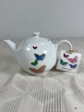 Butterfly Pattern Godinger Ceramic Gift Teapot DW & MW Safe White w Butterflies